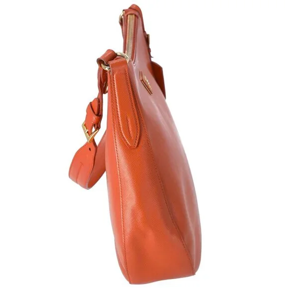 PRADA Triangle Logo Shoulder Bag Hobo Orange Saffiano Leather